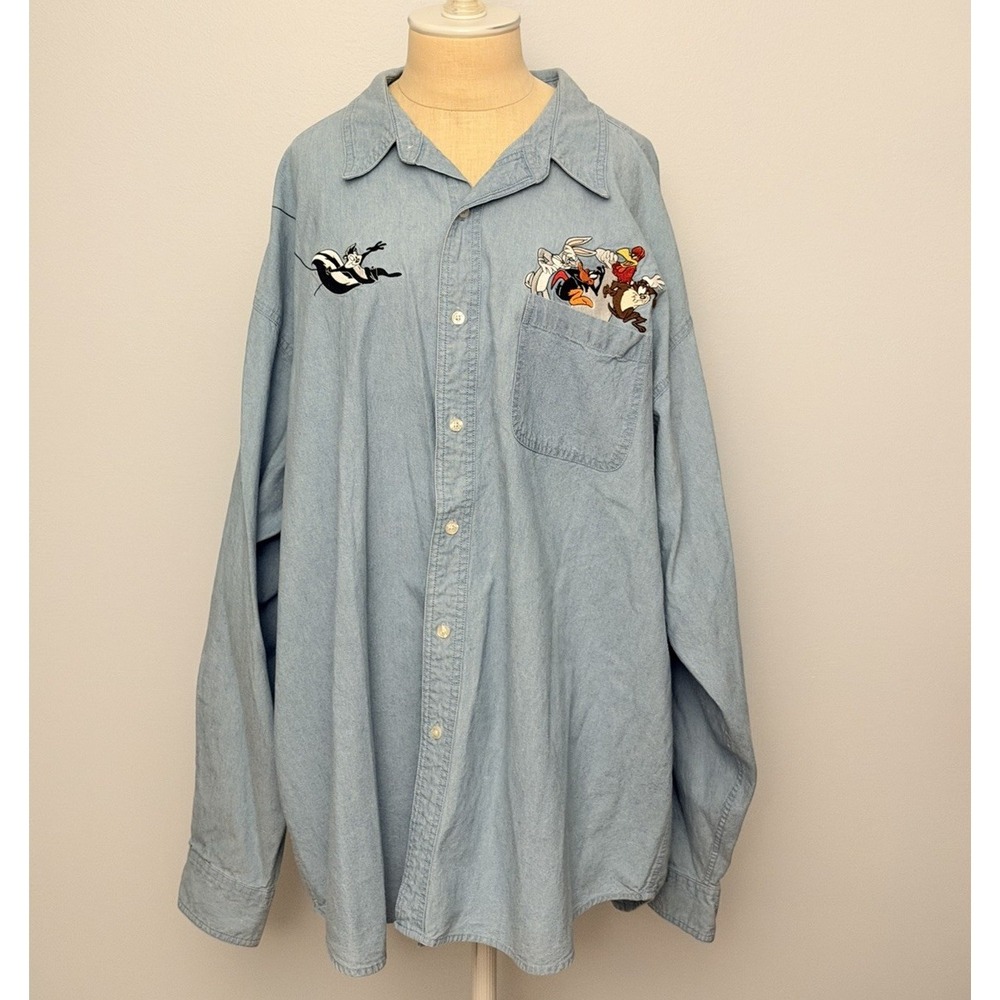 Vtg 1997 Looney Tunes Warner Bros Studio Store Denim Shirt 2XL Bugs Bunny Taz